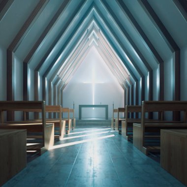 Modern minimalist kilise ya da kilise içi sabah güneşiyle aydınlatılıyor. İki sıra boş ahşap sıra. Merkezde basit bir alarm. Duvarında haç olan ibadet yeri. Hıristiyanlık, din kavramı