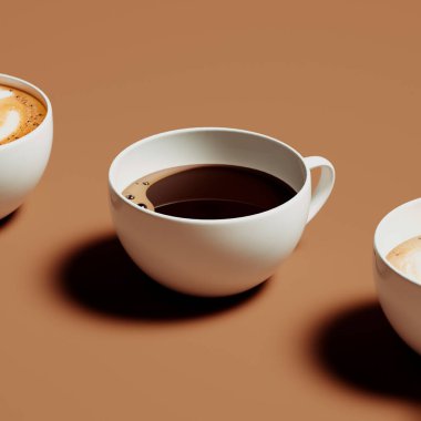 Americano kahvesine yakından bakın. Diğer bardaklarda leziz sıcak içeceklerle çevrili. Art latte, cappuccino, americano, espresso, bembeyaz, mocha, cortado. Kafeterya, kahveci. Kafein.