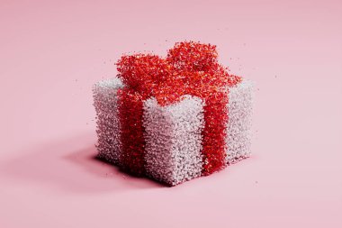 Küçük parçacıklardan yapılmış çarpıcı kırmızı kurdeleli güzel beyaz bir hediye. Herhangi bir kutlamaya, doğum gününe, yıldönümüne, mezuniyete, düğüne, Noel 'e, bayrama ya da herhangi bir özel olaya sürpriz.