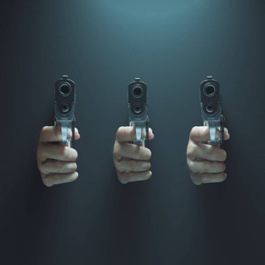 Image showcasing several handguns seen pointing at a target. Shiny pistols. Military equipment. Dangerous. The focus and aim of guns suggest a decision or verdict is about to be made. Violence clipart