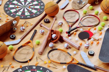 Variety of game equipment. Aerial view on sports gear for baseball, tennis, ping-pong, hokey, darts, skateboarding, basketball. Sports balls, bats and racquets on floor clipart