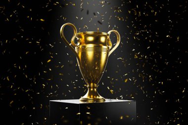 Yükseltilmiş bir platformda altın bir kupa siyah arka planda altın rengi konfetiler altında parlıyor. Başarı, başarı, zafer ve ödülü temsil eder.