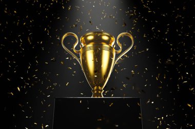 Yükseltilmiş bir platformda altın bir kupa siyah arka planda altın rengi konfetiler altında parlıyor. Başarı, başarı, zafer ve ödülü temsil eder.