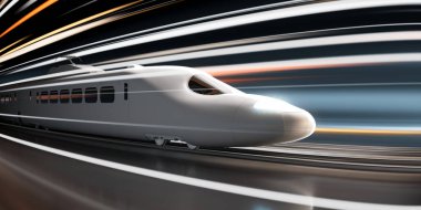 Yüksek hızlı tren neon ışıklı fütüristik arka planı, parlak tasarımı ve aerodinamik kıvrımları neon ışıklarının parlayan renklerini yansıtıyor. Gelecekçi bilim kurgu mermi treni. 4k HD
