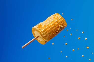 Tahta şişler üzerinde taze kaynamış sarı tatlı mısır. Çubuktaki lezzetli tuzlu tereyağlı atıştırmalık. Canlı mavi bir arka planda lezzetli vejetaryen fast-food. Neşeli renkler