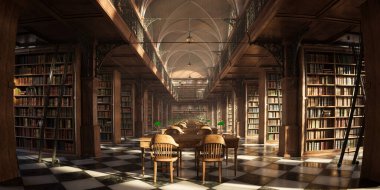 Üniversite kütüphanesinin içi sayısız eski kitapla dolu raflarla dolu. Raflardan ve sütunlardan oluşan güzel ahşap işçiliği, detaylı çelik bariyer ve sarmal merdiven süslemeleri. Bilgi arşivleri