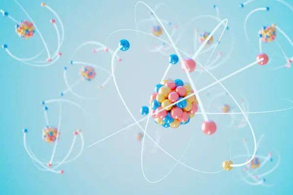 Rendering Atom Glowing Electrons Orbiting Nucleus Atom Model Emits Shiny — Stock Photo, Image