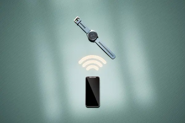 Renderização Smartphone Moderno Que Comunica Sem Fio Com Smartwatch Design — Fotografia de Stock