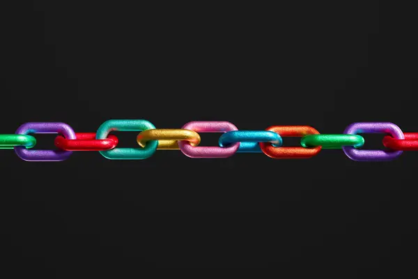 Una Cadena Metálica Fuerte Vibrante Varios Colores Que Representa Los — Foto de Stock