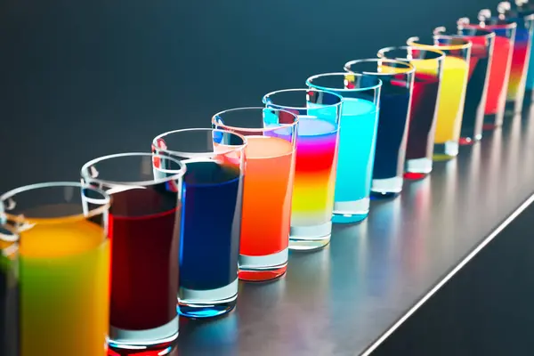 Set Multicolour Shots Drinks Dark Background Scene Sweet Alcoholic Liquors — Stock Photo, Image