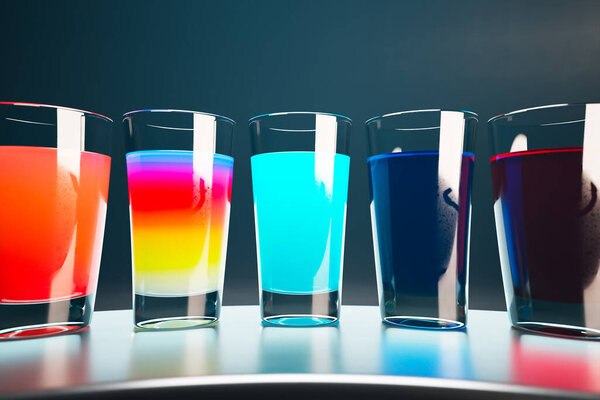 A set of multicolour shots drinks against the dark background. A scene with sweet alcoholic liquors in shot glasses. Concept of celebration, party, event. Variety of tasty drinks on a bar counter