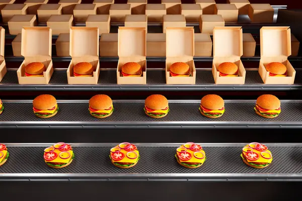 Production line filled with hamburger ingredients. Different steps of assembling a sandwich on a conveyor belt. Factory of the food. Packed burgers in the background. 3d rendering