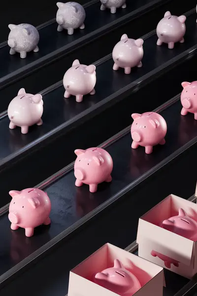 A production line filled with adorable pink piggy banks on a constantly moving conveyor belt in a factory for kids\' toys. The background is packed with more piggy banks waiting to be shipped out.