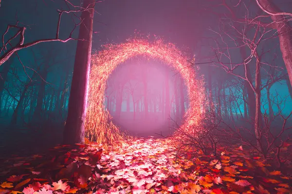 Abstract Scene Featuring Glowing Orange Portal Amidst Trees Magical Doorway — Stock Photo, Image