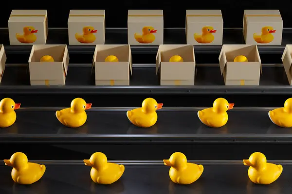 Production Line Filled Yellow Rubber Ducks Conveyor Belt Factory Kids — Stock Photo, Image