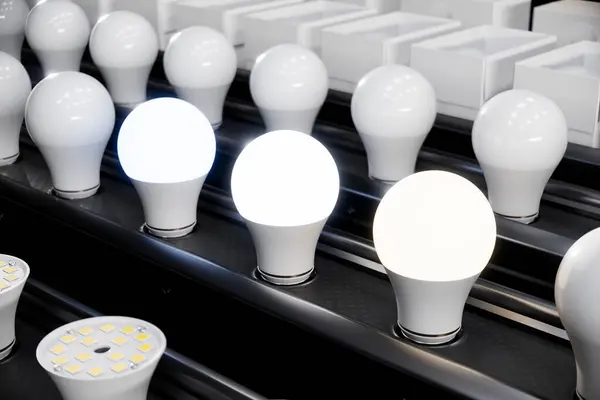 Production Line Filled Smart Lightbulbs Smart Home Electronics Constantly Moving — Stock Photo, Image