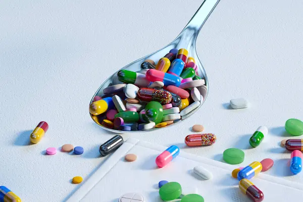 Collection Multicolored Pills Capsules Tablets Arranged Neatly White Spoon Image — Stock Photo, Image