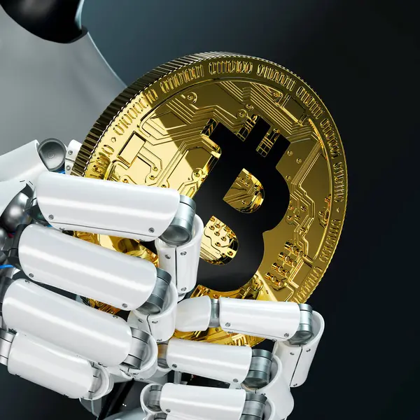 Metallic Robotic Hand Grips Shiny Bitcoin Coin Representing Rise Decentralized — Stock Photo, Image