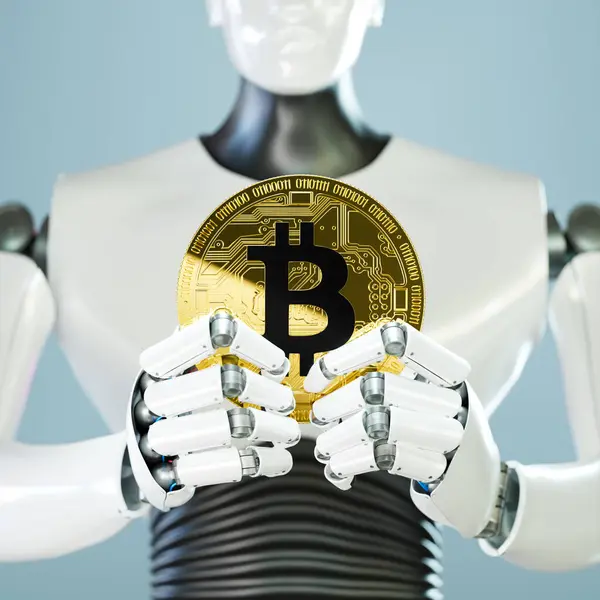 Metallic Robotic Hand Grips Shiny Bitcoin Coin Representing Rise Decentralized — Stock Photo, Image