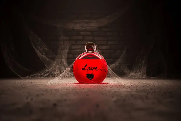 Single Bottle Red Love Potion Found Old Cellar Potent Elixir — Stock Photo, Image