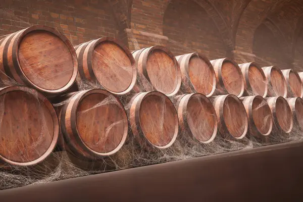 Vintage Wooden Barrels Covered Dust Spider Webs Used Storing Wine — Stock Photo, Image