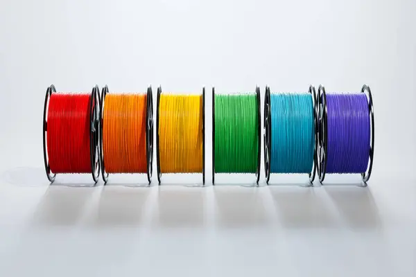 Close Different Colored Thermoplastic Filament Spools Used Printing Filaments Made — Stock Photo, Image
