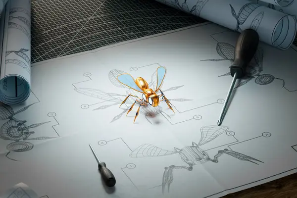 An assembled golden artificial bee robot standing on its blueprint schematics. Designer office desk full of plans. Futuristic piece of technology realized. Hi-tech insect replacement. Close up shot.