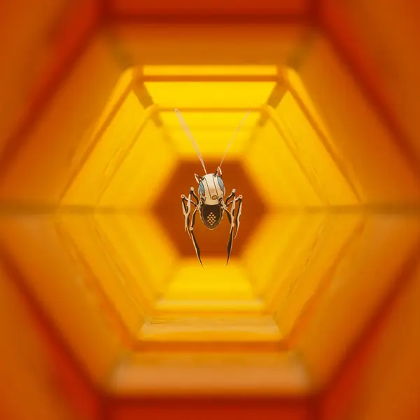 Egyetlen Mesterséges Méh Utazik Egy Színes Narancssárga Áttetsző Hatszögletű Alagúton — Stock Fotó