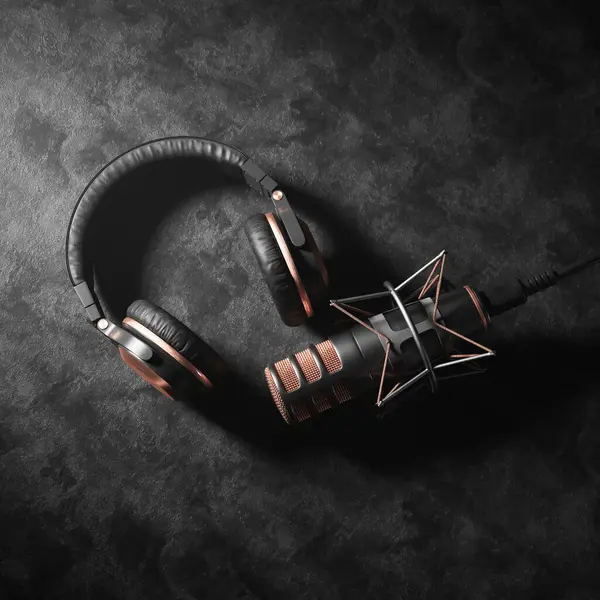 Podcast Audio Recording Items Broadcasting Studio Closeup Professional Microphone Headphones — Stock Photo, Image