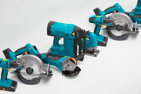 Essential Equipment Including Circular Saw Cordless Drill Angle Grinder Jig — Stock Photo, Image