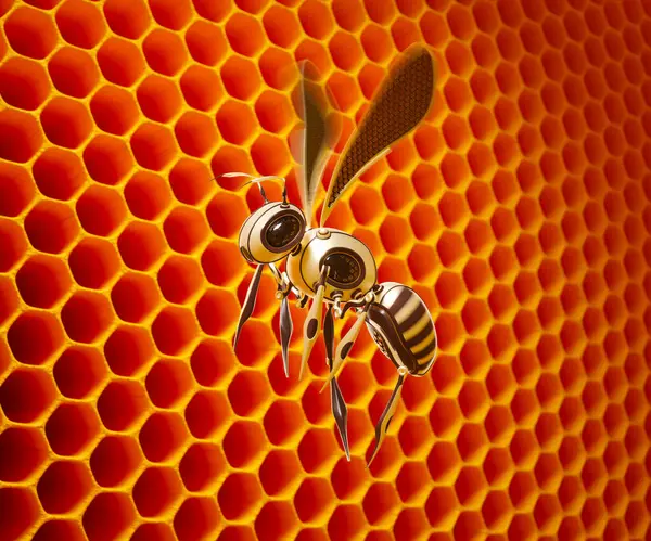 Single Artificial Bee Travelling Colourful Orange Translucent Fake Hive Futuristic — Stock Photo, Image