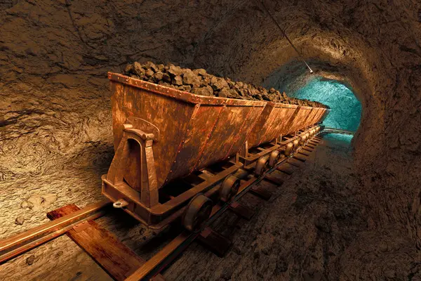 Seven Old Mine Wagons Carts Full Coal Slowly Moving Narrow — Stock Photo, Image