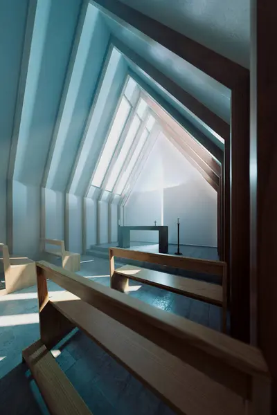 Modern minimalistic church or chapel interior lit by morning sunlight. Two rows of empty wooden pews. Simple alar at the center. Place of worship with cross on the wall. Christianity, religion concept