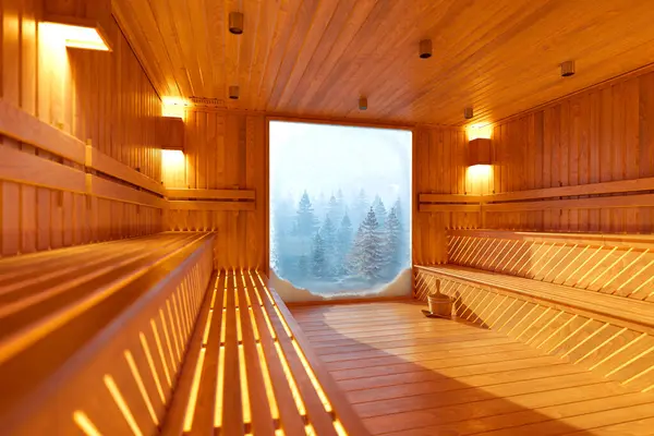Beautiful Warm Wooden Sauna Big Frosty Window Cold Blue Winter — Stock Photo, Image