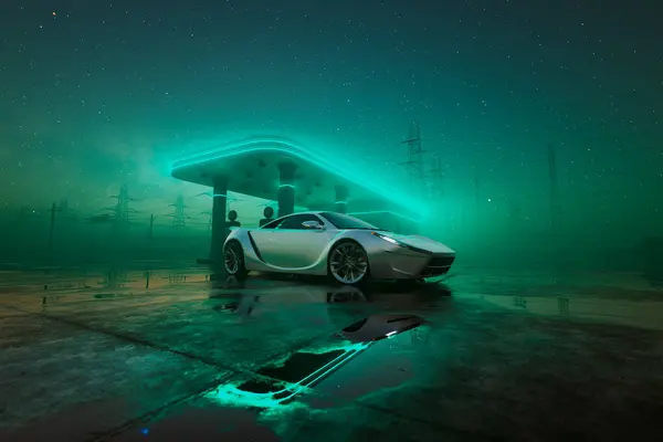 Cinematic Scene Fancy Sports Car Blue Neon Lighted Gas Station — Stock Photo, Image