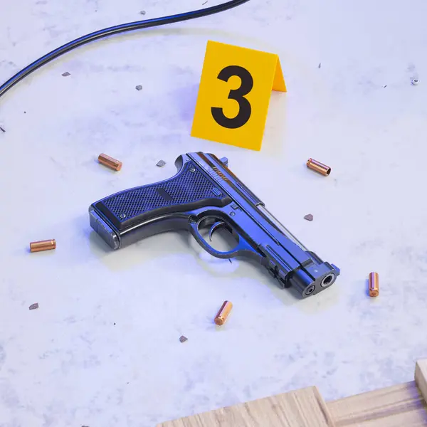 Murder Site Pieces Evidence Crime Camera Shows Gun Bullets Floor — Stock Photo, Image