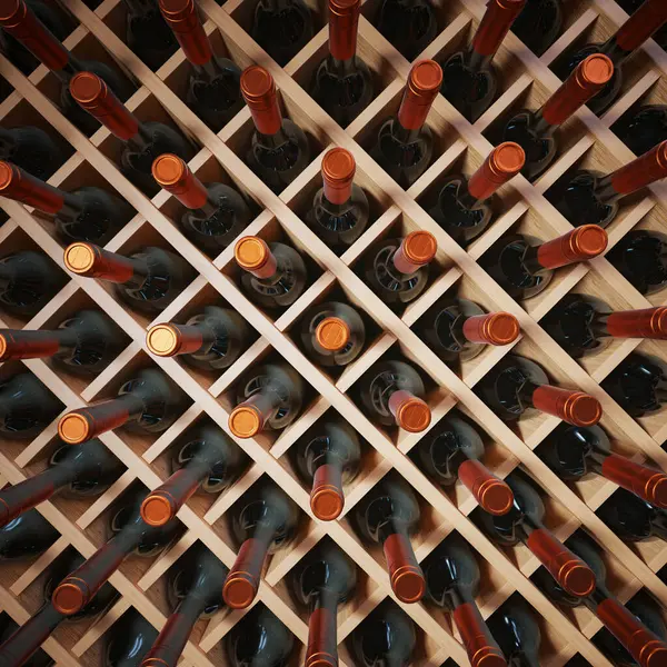 Wine Bottles Ordered Wooden Shelves Dark Wine Cellar Concept Traditional — Stock Photo, Image