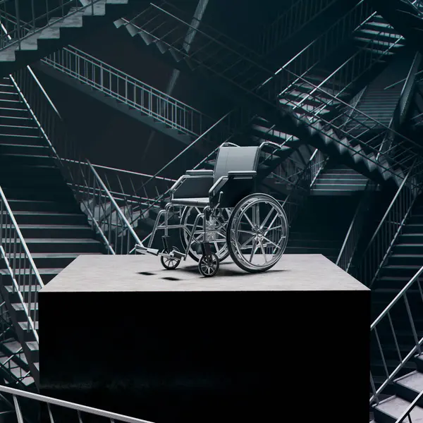 Fauteuil Roulant Dans Labyrinthe Des Escaliers Concept Surmonter Les Difficultés — Photo