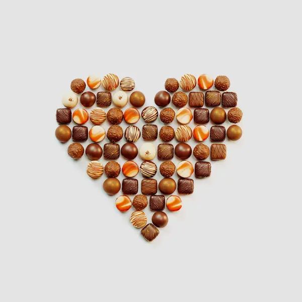 Delicious Chocolate Pralines Heart Shape Sweet Bonbons Decorated White Dark — Stock Photo, Image