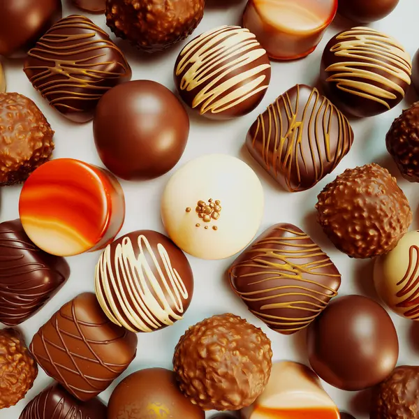Close View Delicious Chocolate Pralines Sweet Bonbons Decorated White Dark — Stock Photo, Image