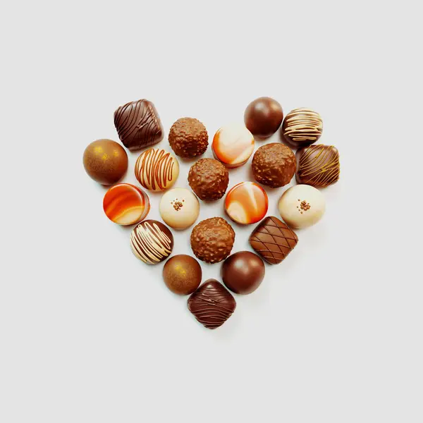 Deliciosos Pralinés Chocolate Forma Corazón Bonbones Dulces Decorados Con Glaseado — Foto de Stock
