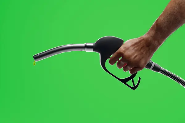Last Drop Petrol Man Hand Holding Fuel Pump Nozzle Green — Stock Photo, Image