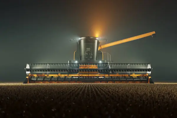 巨大的联合收割机 夜间在田野里闪烁着灯光 巨大的收获农机 农作物的产量 农业机械化 粮食生产 农田的概念 — 图库照片