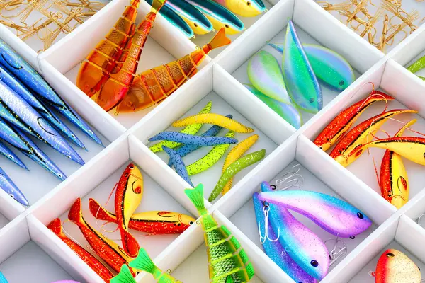 Assorted Colorful Fish Baits Fishing Accessories Box Compartments Set Multicolor — Stock Photo, Image
