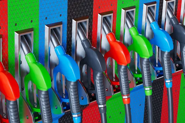 Imagen Boquillas Bomba Gas Multicolor Gasolinera Entrega Gasolina Gasolina Combustible — Foto de Stock