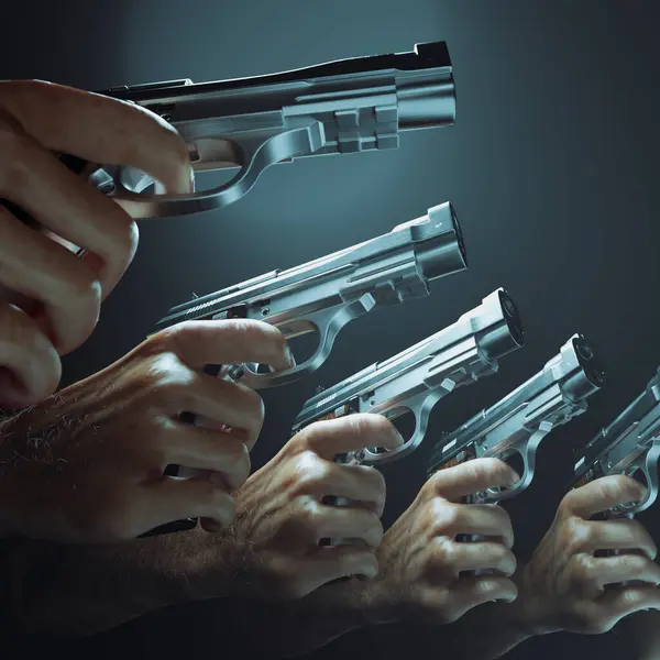 Bilden Visar Flera Handeldvapen Som Pekar Ett Mål Glänsande Pistoler — Stockfoto