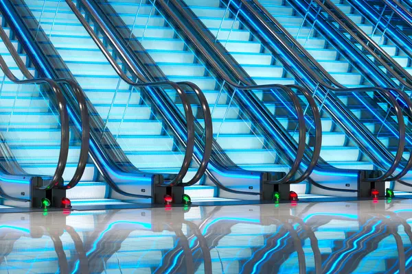 现代城市内部巨大的自动扶梯的图像 购物中心 地铁或商务中心的建筑元素 室内公共交通工具 技术概念 — 图库照片