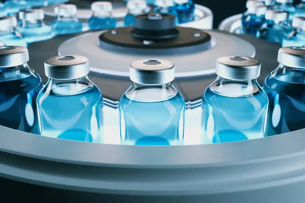 Picture Large Number Blue Vaccine Bottles Conveyor Belt Concept Covid — Stock Photo, Image