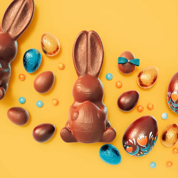 Uppsättning Söta Och Läckra Choklad Påsk Kaniner Och Ägg Insvept — Stockfoto