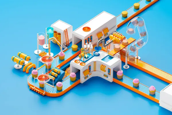 Kleurrijke Grappige Scène Met Cupcakes Voorbereiding Concept Van Het Bakkerijproductieproces — Stockfoto